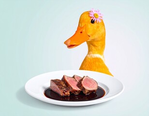 A duck, unaware or amused, gazes at a gourmet duck breast plated in elegance. Surreal irony meets culinary art in this visual short story—elegant, provocative, unforgettable