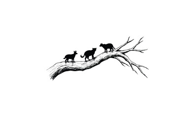 Fototapeta premium Silhouettes of wolves on tree branch: wildlife art. Vector retro hand drawn illustration