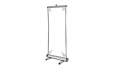 Blank roll-up banner illustration on stand in black and white. Vector retro hand drawn illustration
