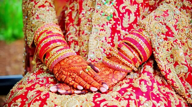Traditional henna painted bridal hand. Red color is the traditional Indian clothes, 