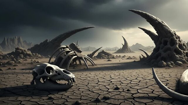 A desolate prehistoric landscape reveals the remnants of ancient colossal creatures, scattered bones and skulls under a stormy sky.