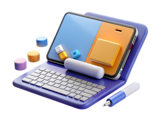 A 3d illustration of a laptop with a phone, pen, and blocks on white isolated on transparent background