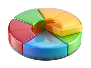 A colorful 3d pie chart representing data analysis and business growth isolated on transparent background