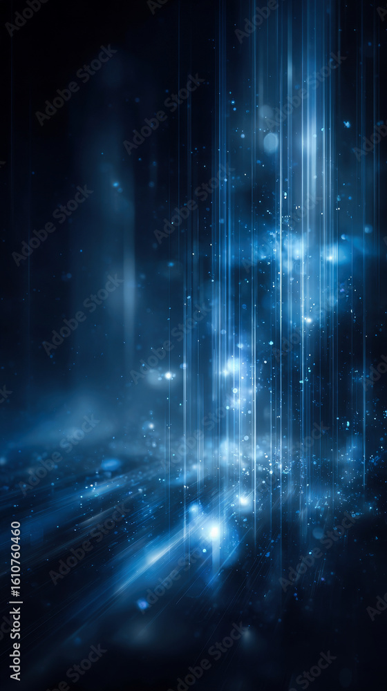 Poster an abstract digital backdrop with glowing blue lines against black background, representing data and
