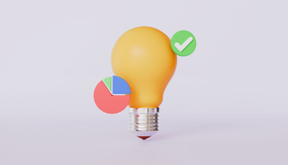 Lightbulb pie chart checkmark sign for business date analyze complete concept