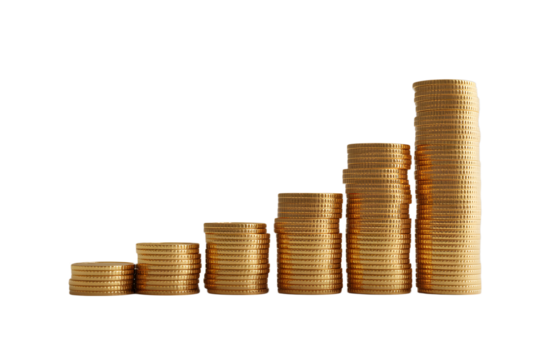 Stacks of Golden Coins in Increasing Heights Representing Financial Growth and Investment Success on transparent background
