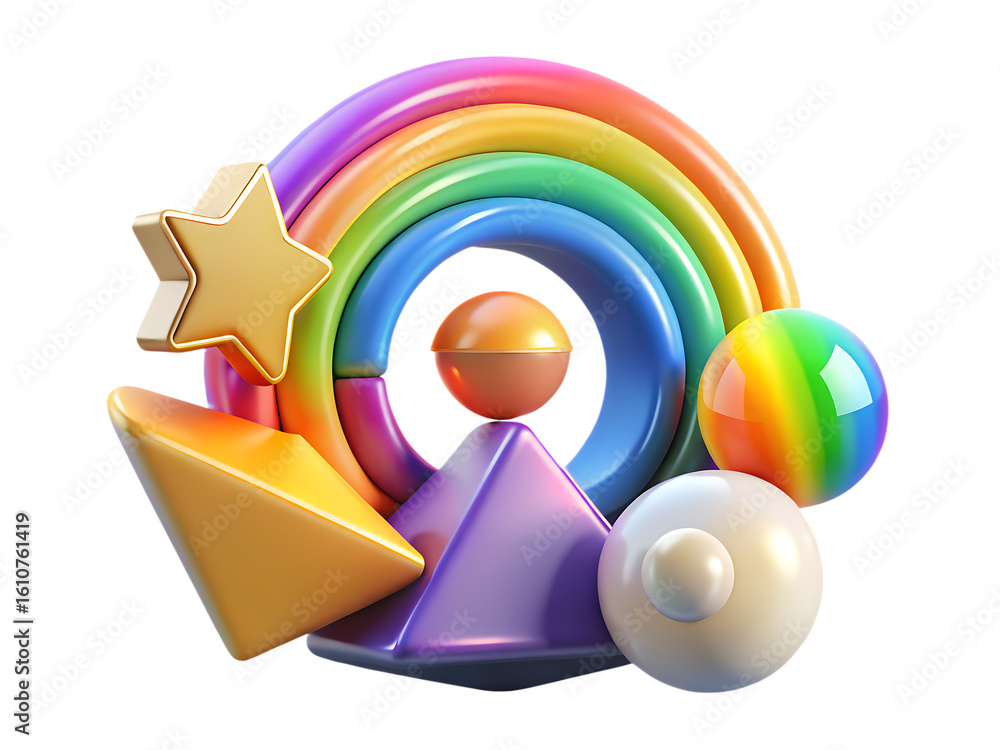 Poster a vibrant abstract composition with a rainbow and geometric shapes isolated on transparent backgroun