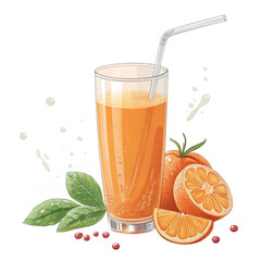 Fresh orange juice with pulp in a glass and a straw surrounded by citrus and mint on white background