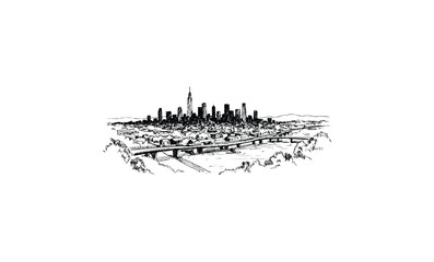 Fototapeta premium Detailed black and white cityscape illustration with skyline and bridge. Vector retro hand drawn illustration
