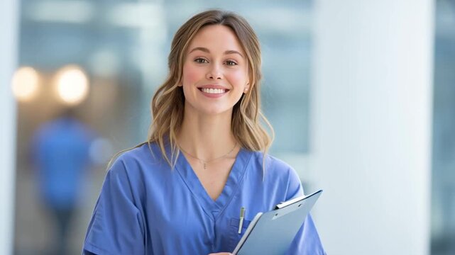 Smiling Nurse: A professional nurse radiates warmth and compassion as she stands ready, embodying the essence of healthcare, a symbol of patient care and wellness.