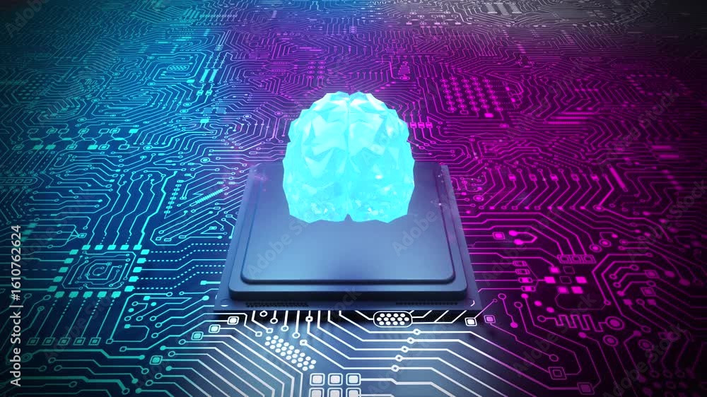 Aufkleber 3d rendering artificial intelligence brain on cpu chipset with complex circuit background 4k footage