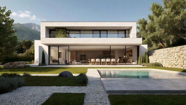 Modern Two-Story House with Flat Roof and Lawn