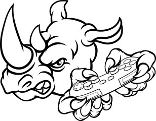 Rhino Gamer Mascot Holding Controller