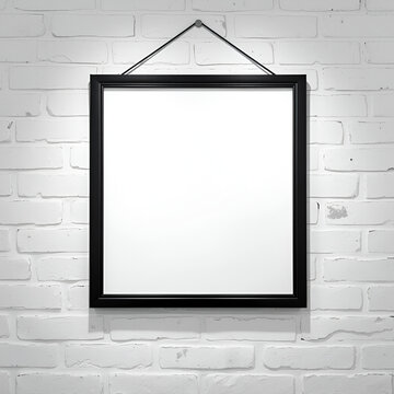 Black frame hanging on white brick wall with inscription trumpery