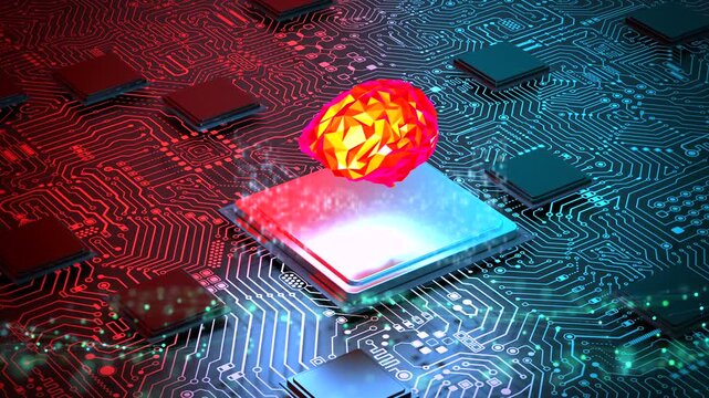 3d rendering artificial intelligence brain on cpu chipset with complex circuit background 4k footage