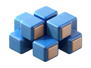 Obraz premium A stack of blue geometric cubes with tan accents arranged abstractly isolated on transparent background
