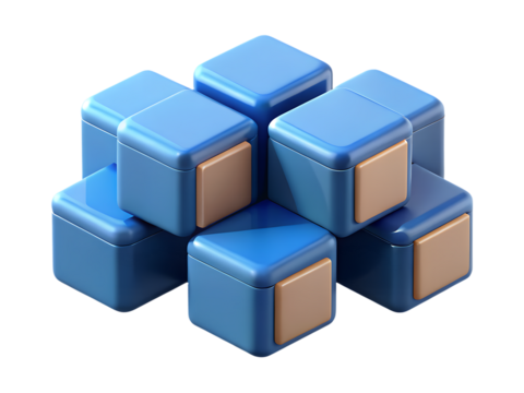 A stack of blue geometric cubes with tan accents arranged abstractly isolated on transparent background