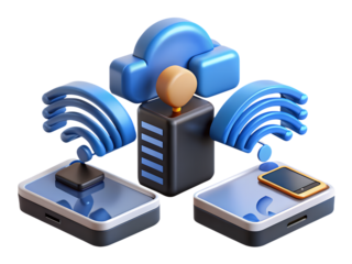 Cloud computing and wireless network connection between devices isolated on transparent background