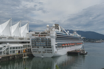 Modern Princess cruiseship cruise ship liner Grand in Vancouver, Canada port on blue sky sunny...