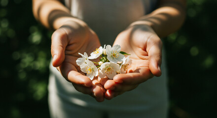 A person holds a small cluster of white jasmine flowers in their cupped hands, presented against a blurred green background.