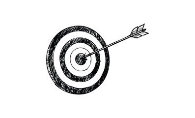 Hand-drawn bullseye with arrow hitting center. Vector retro hand drawn illustration