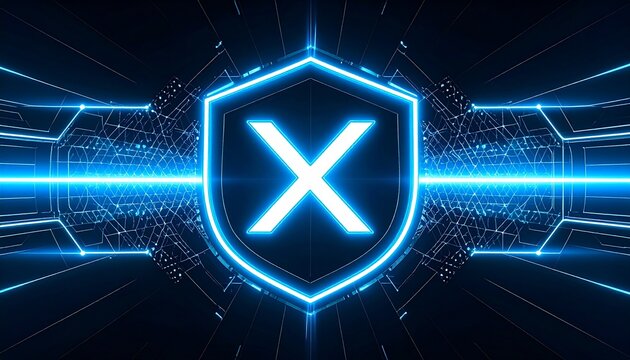 Minimal futuristic interface displaying a glowing XVD symbol over a dark mesh background, with radiant lines and neon grid structure