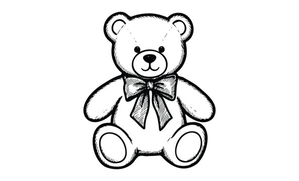 Cute teddy bear with bow sketch in black and white line art style. Vector retro hand drawn illustration - Powered by Adobe
