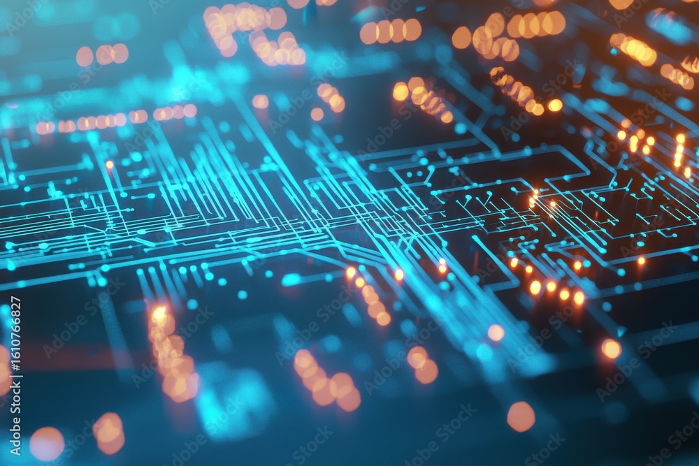 Poster close-up digital circuit board with glowing blue and orange lights representing advanced technology 