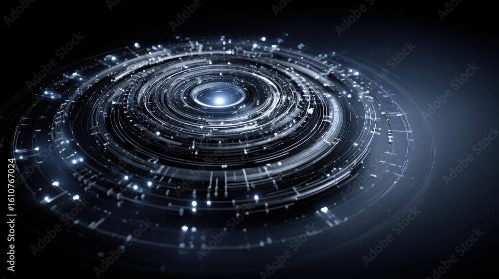 Poster intricate circular structure with interconnecting lines depicting an innovation flow engine in a vis