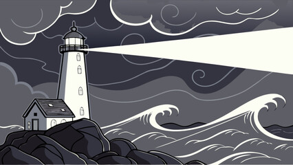 Lighthouse stands tall against a stormy sea with crashing waves and dark swirling clouds above it all