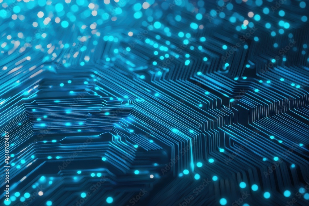 Poster close-up of a digital circuit board with glowing blue lines and dots representing electronic connect