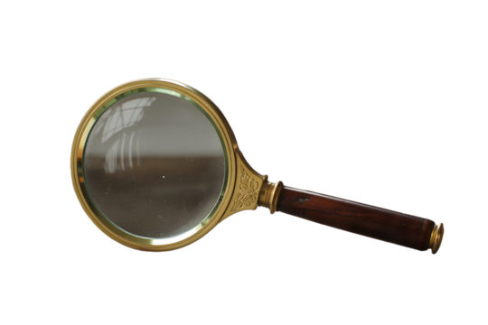 Vintage Magnifying Glass with Wooden Handle and Brass Frame for Detailed Inspection and Examination on transparent background