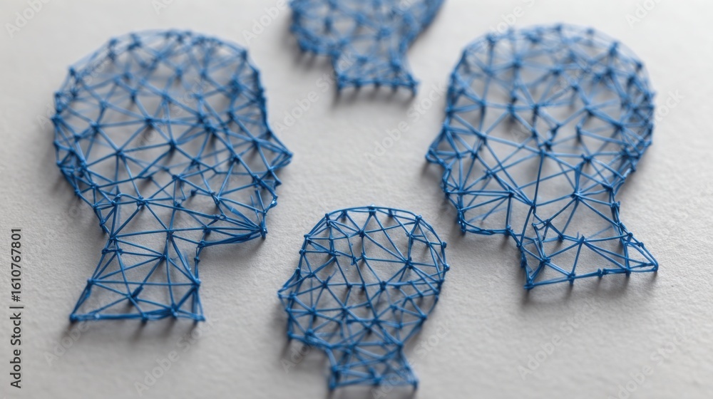 Poster group of blue string sculptures forming intricate designs to represent innovative mindset and networ