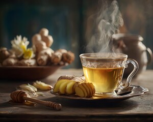 Ginger tea preparation with steam and honey, ginger tea sliced root in morning light, ginger tea scene with soft natural lighting