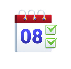 Modern Calendar Icon:  8th Day, Completed Tasks,  Positive Achievement,  Checklist,  Productivity Concept.