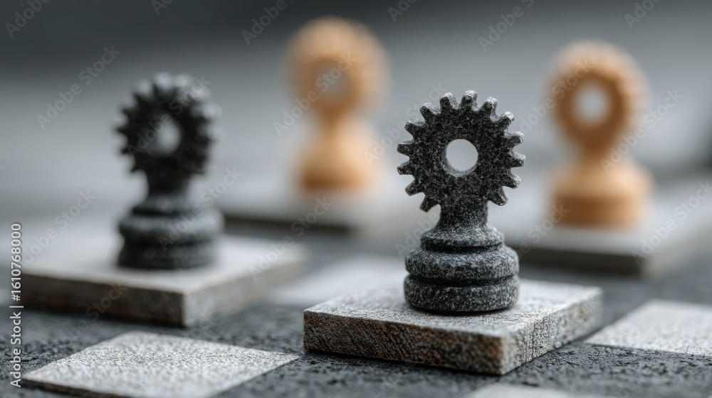 Poster strategic chess game in progress representing innovation navigation and decision-making in competiti