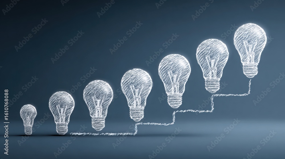Poster a row of illuminated light bulbs displayed in a line representing innovative thinking and creative i