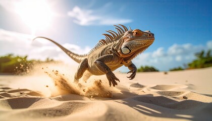 Playful Iguana Racing Across the Sandy Desert