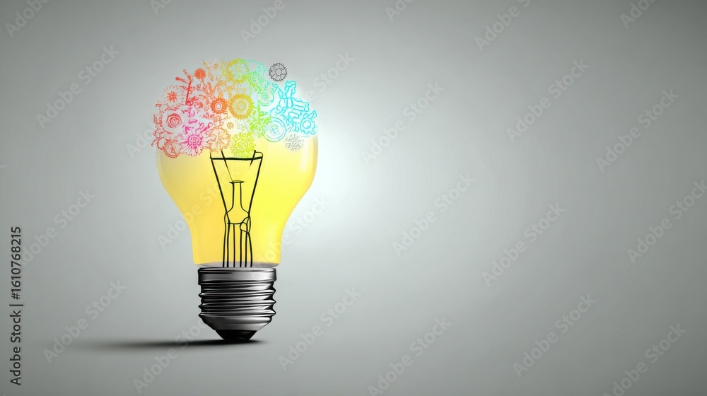 Poster vibrantly colored light bulb with a unique pattern signifying innovation and creative ideas in a mod