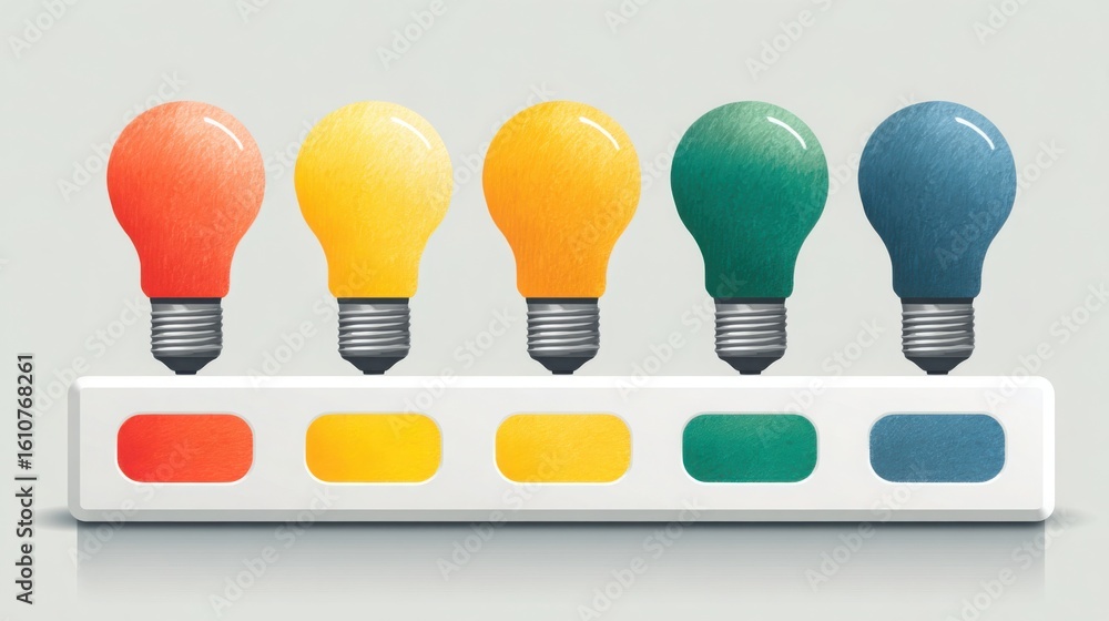 Poster light bulb surrounded by a row of similar bulbs representing innovation and ideas in a control panel