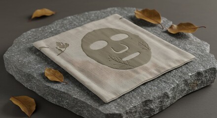 Beige fabric pouch with grey face mask design on a rough grey stone surrounded by dried leaves