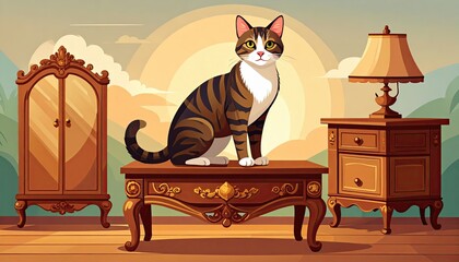 Elegant Tabby Cat Posing on Antique Furniture