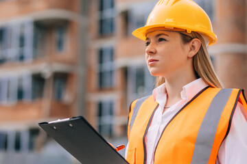 Confident female construction worker with clipboard at a building site