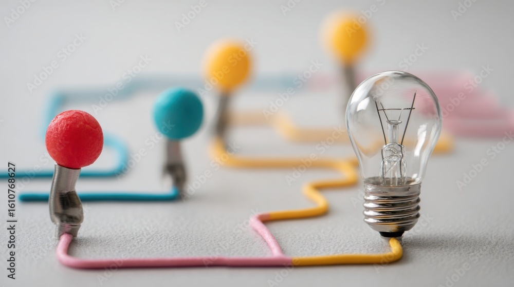 Aufkleber bright light bulb alongside a smaller lightbulb representing ideas and innovation in a conceptual fl