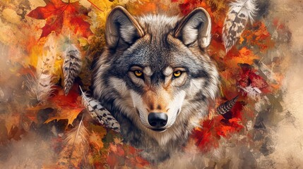 Majestic wolf portrait amidst autumn leaves and feathers. (1)