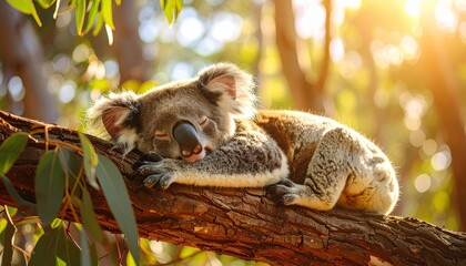 Peaceful Koala Napping on Eucalyptus Branch in Warm Forest