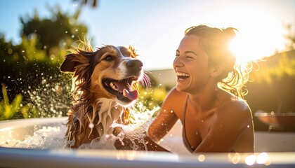 Joyful Bond Between Owner and Pet in Bath Time