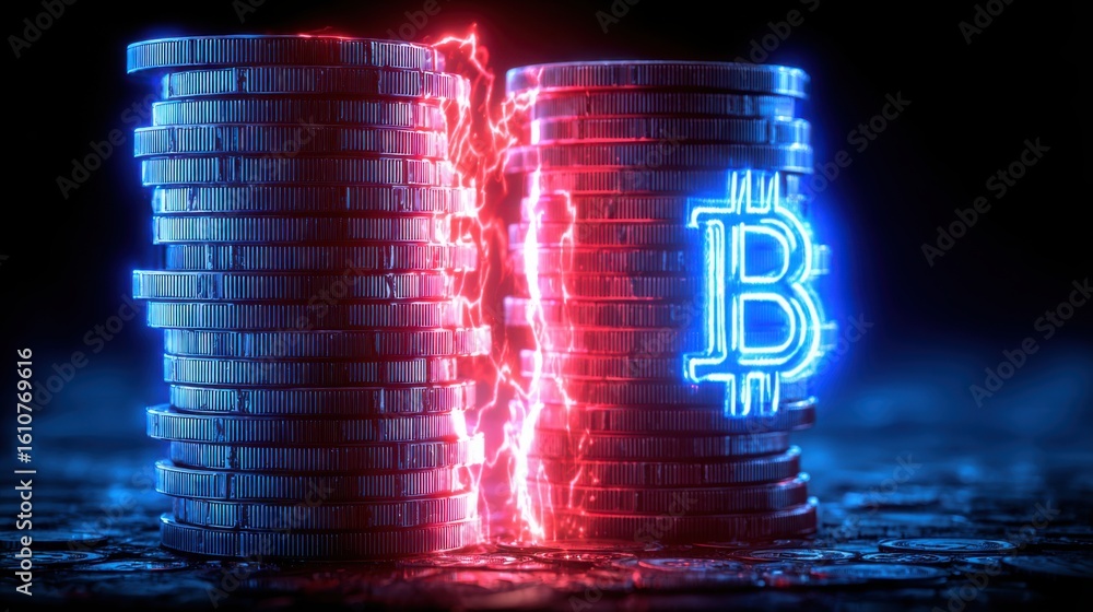 Poster stack of coins with a bitcoin coin in the foreground representing the concept of asset diversificati