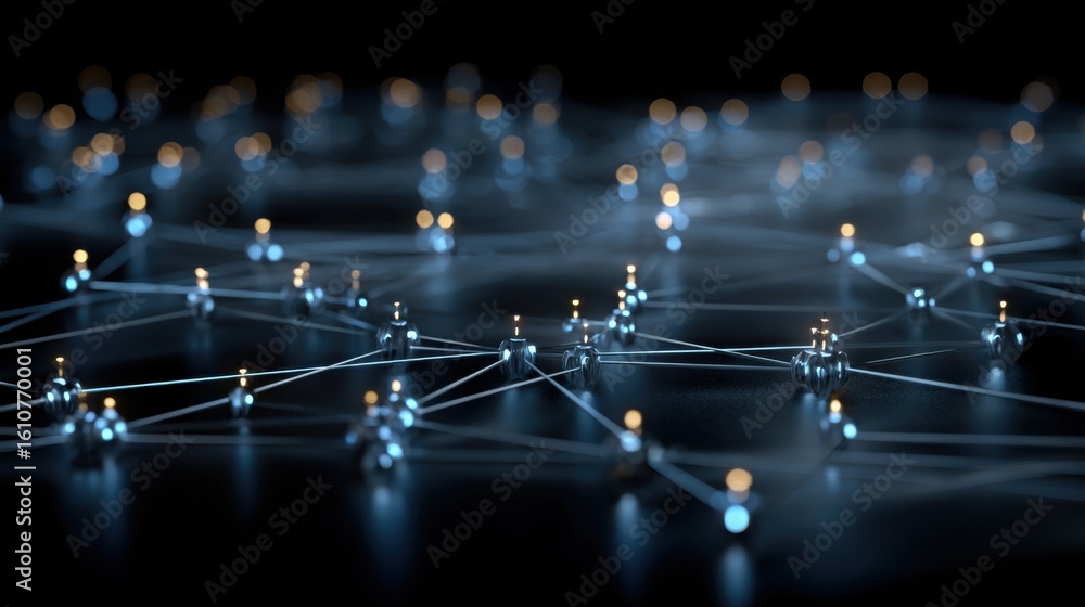 Poster network of lights illustrating the underlying technology concept of quantum bitcoin infrastructure a