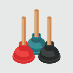 Three colorful plungers with wooden handles on a gray background